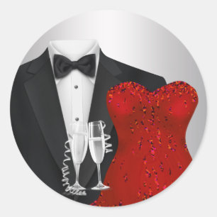 Champagne-Smoking-Rotes-Kleid-Party-Aufkleber Runder Aufkleber