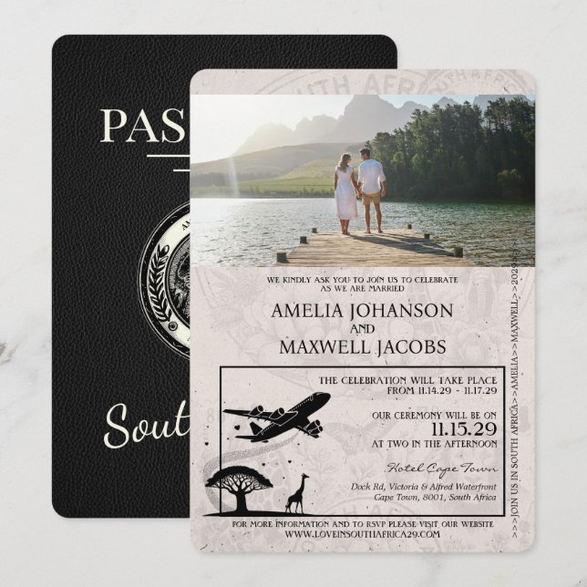 Champagne South Africa Passport Wedding Einladung (Vorne/Hinten)
