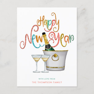 Champagne Teal Coral Gold Glitter Happy New Year Feiertagspostkarte