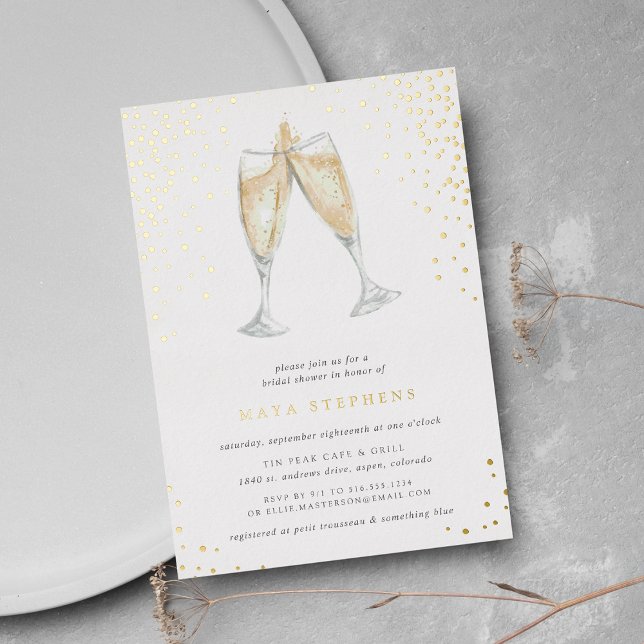 Champagne Toast | BRAUTPARTY Folieneinladung (Elegant champagne theme bridal shower invitations on smooth white paper with gold foil)