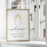 Champagne Toast Personalisierte Veranstaltung Begr Poster<br><div class="desc">Das festliche und elegante Begrüßungszeichen für Ihre Verlobungsfeier oder Hochzeit bietet eine Brille Champagner in Aquarell,  gefüllt mit Bläschen. Personalisieren Sie sich mit drei Zeilen benutzerdefiniertem Text unten; gezeigt mit "Begrüßung" und den Namen des Paares und Ereignistyp.</div>