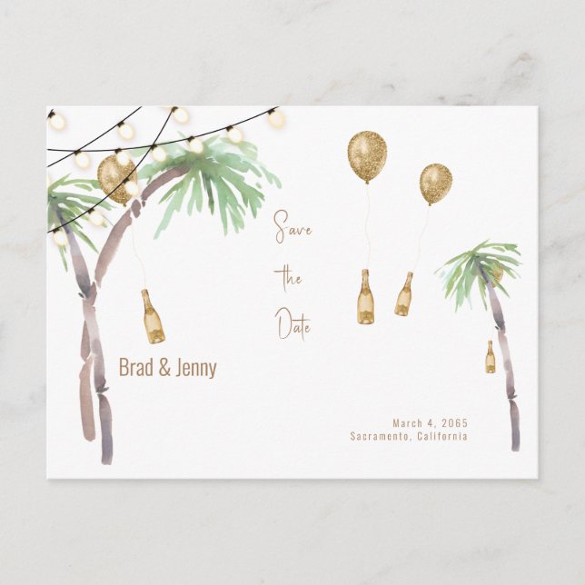 Champagne Tropische Hochzeit Speichern Sie das Dat Postkarte (Vorderseite)