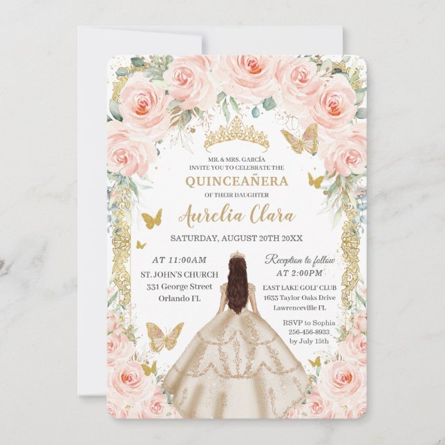 Champagne Vintag Gold Blütenblume Quinceañera Einladung (Vorderseite)