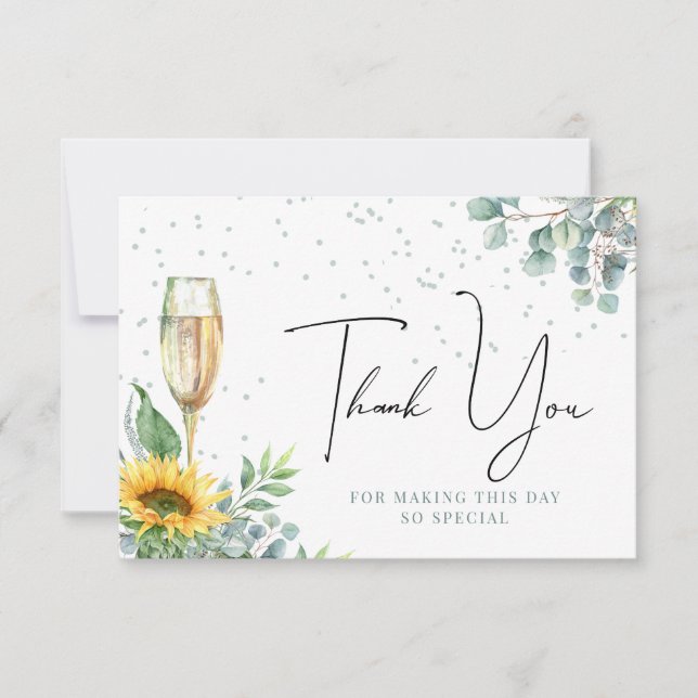 Champagne Watercolor Sonnenblumen Brautparty Dankeskarte (Vorderseite)
