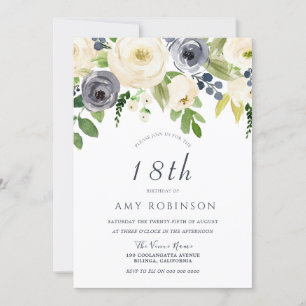 Champagne White & Navy Floral 18. Geburtstagsparty Einladung