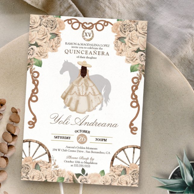 Champagne White Rose Cream Charro Quinceanera Einladung (Von Creator hochgeladen)