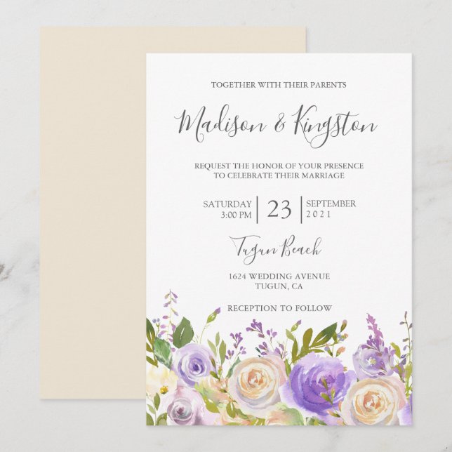Champagne White Rose Lila Blumen Elegante Hochzeit Einladung (Vorne/Hinten)