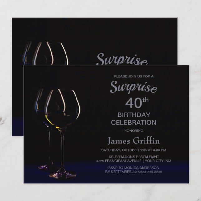 Champagne Wine Black Blue Überraschung 40. Geburts Einladung (Vorne/Hinten)