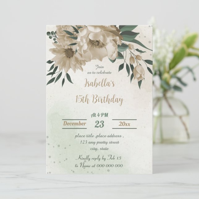 Champagner-Blume Grün Geburtstag Einladung (Stehend Vorderseite)