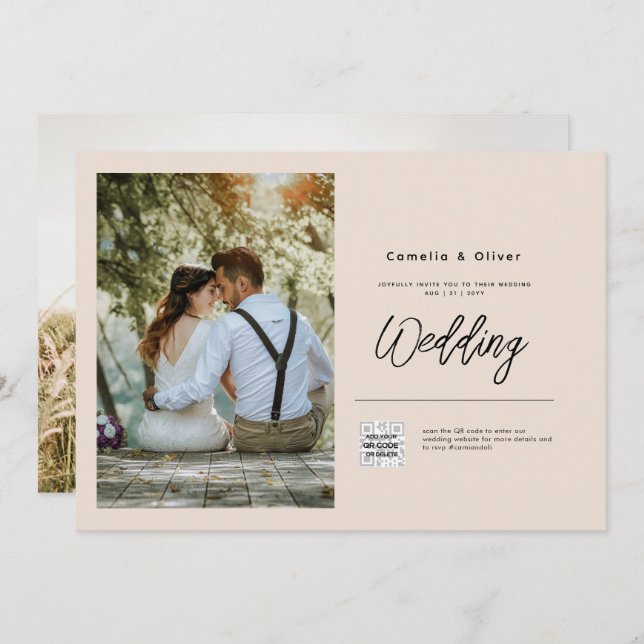 Champagner Blush FOTO Wedding Einladung QR Code (Vorne/Hinten)