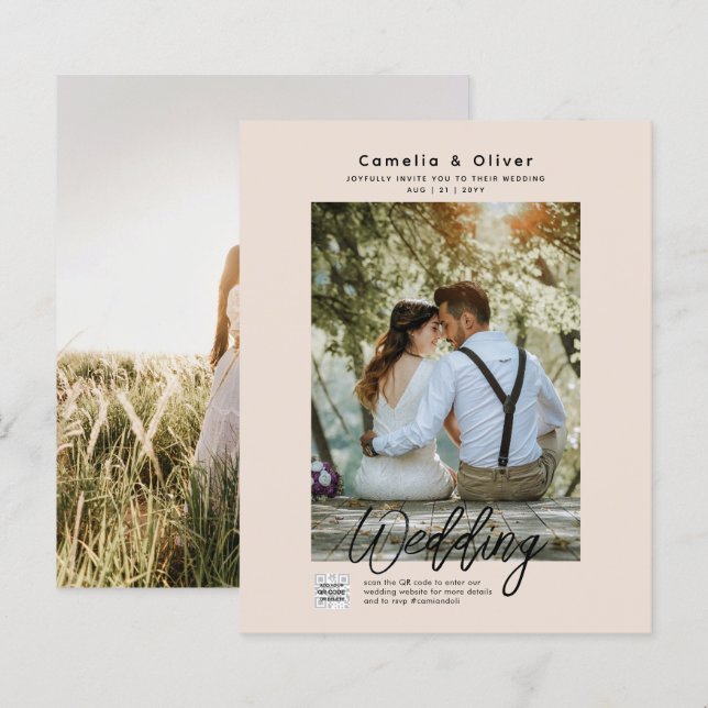 Champagner Blush FOTO Wedding Einladung QR Code (Vorne/Hinten)