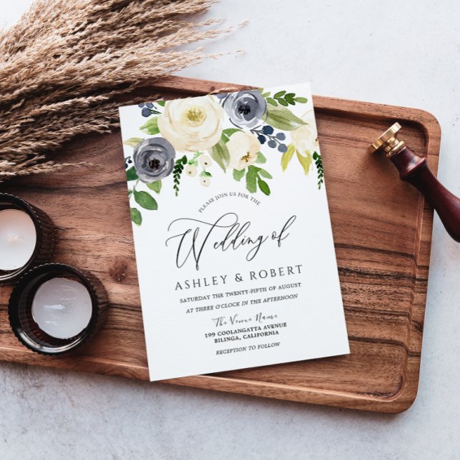 Champagner Blush Navy Blossom Blume Hochzeit Einladung (Von Creator hochgeladen)