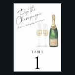 Champagner-Brautparty - Hochzeitsfeier Tischnummer<br><div class="desc">Watercolor elegante Champagnerflasche mit zwei Glas Champagner und Text "Pop der Champagner. Sie ändert ihren Namen."</div>