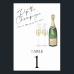 Champagner-Brautparty - Hochzeitsfeier Tischnummer<br><div class="desc">Watercolor elegante Champagnerflasche mit zwei Glas Champagner und Text "Pop der Champagner. Sie ändert ihren Namen."</div>