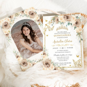 Champagner Cream Floral Sweet 16 Quinceañera Foto Einladung
