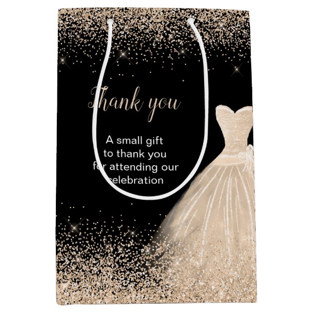 Champagner Dress Imitate Glitzer Sweet 16 Birthday Mittlere Geschenktüte (Vorderseite)