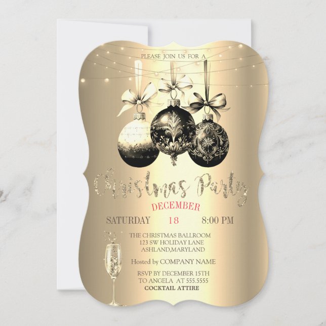 Champagner Glass,Lights Gold Weihnachtsfirma Einladung (Vorderseite)