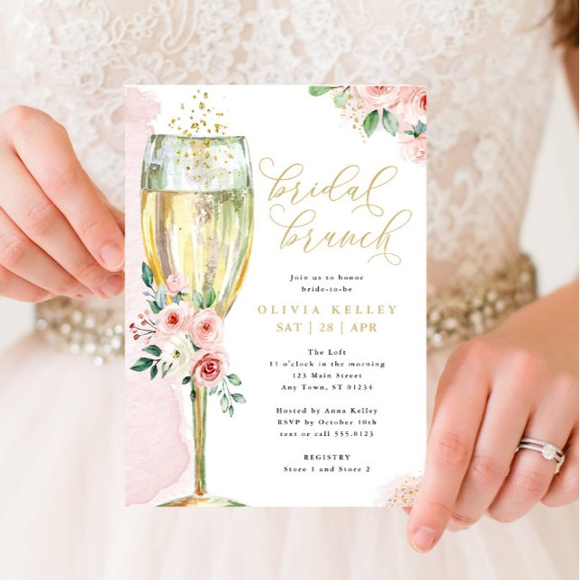 Champagner Glass Pink und Gold Bridal Brunch Einladung (Von Creator hochgeladen)