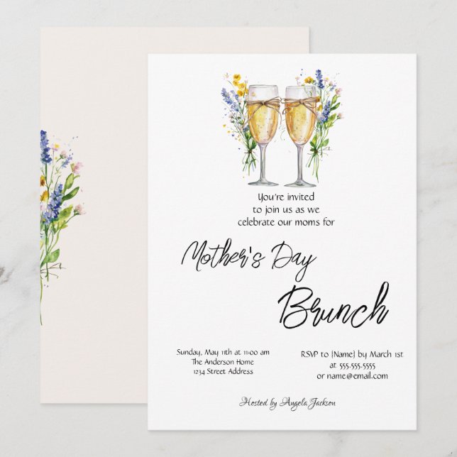Champagner Glass Wildblume Muttertag Brunch Einladung (Vorne/Hinten)