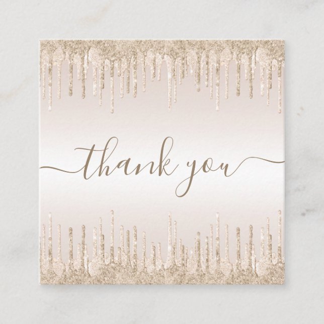 Champagner Glitzer Dripping Elegant Danke, Cream Quadratische Visitenkarte (Vorderseite)