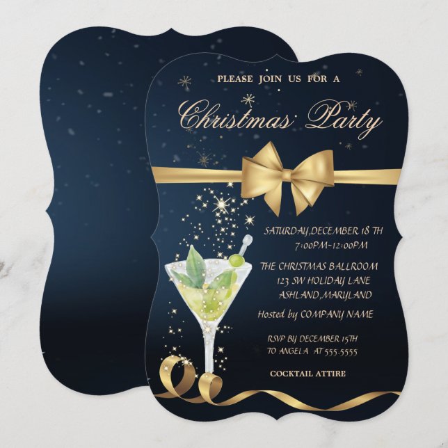 Champagner, Gold Bow Weihnachts-Party Einladung (Vorne/Hinten)