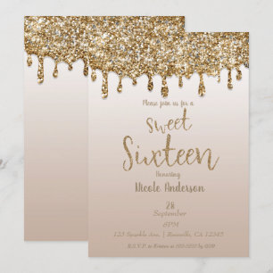 Champagner Gold Glitter Tropf Glam Sweet 16 Sechze Einladung