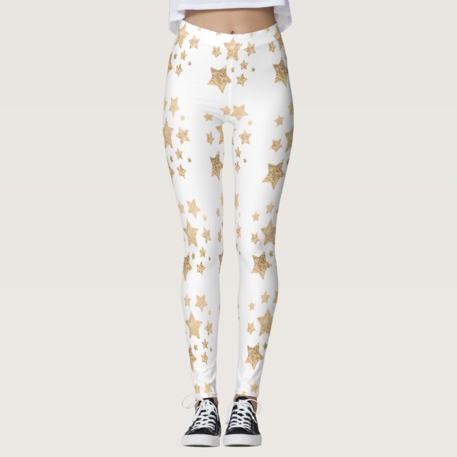 Champagner gold Glitzer Glitzern Stars weiß Leggings (Vorderseite)