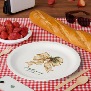Champagner-Gold-Schleife-Stechpalmen-Beeren-Weihna Pappteller