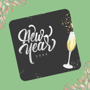 Champagner Gold Schwarz Weinglas Konfetti Modern Quadratischer Aufkleber