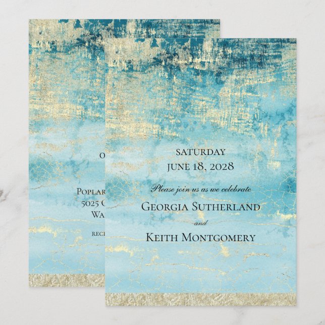 Champagner Gold und Türkis 2 Moderne Art Wedding Einladung (Vorne/Hinten)