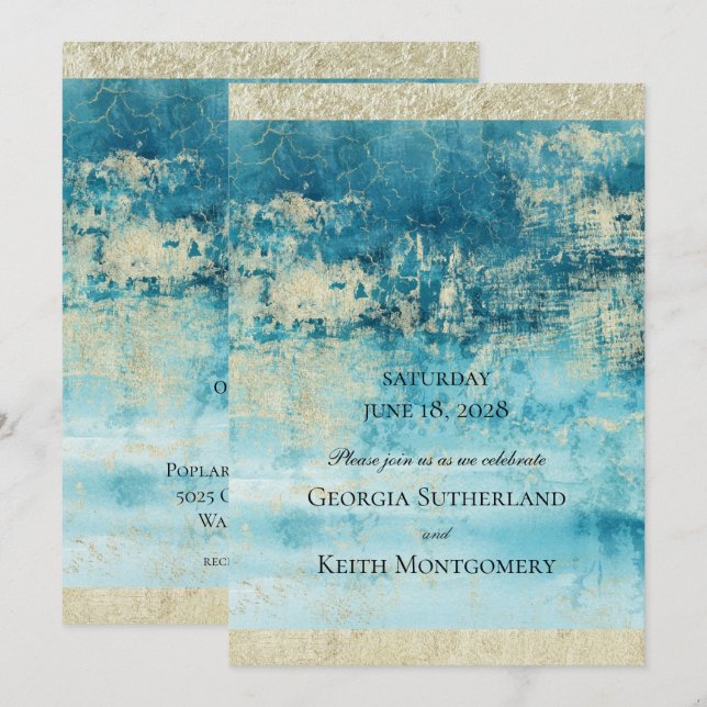 Champagner Gold und Türkis Moderne Kunst Hochzeit Einladung (Vorne/Hinten)