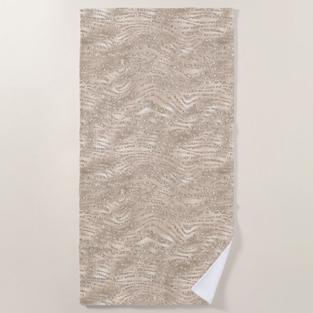 Champagner Gold Weißer Glitzer Zebra Print Strandtuch (Vorderseite)