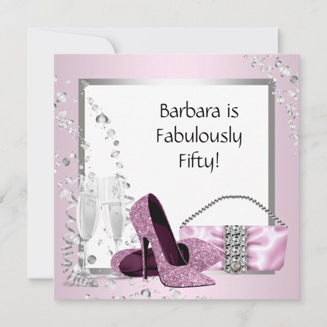 Champagner High Heels Frauen Rosa & Schwarz Geburt Einladung (Vorderseite)