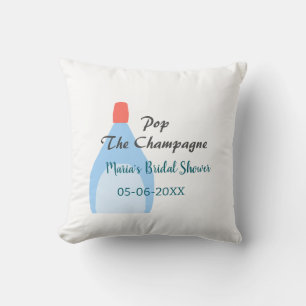 Champagner öffnen blaue Brautparty Namen Datum ein Kissen