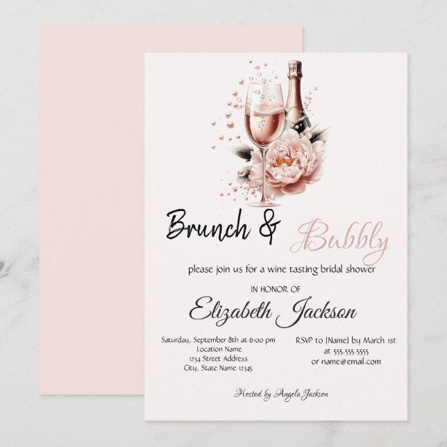 Champagner Pink Rose Brunch & Bubbly Bridal Dusche Einladung (Vorne/Hinten)