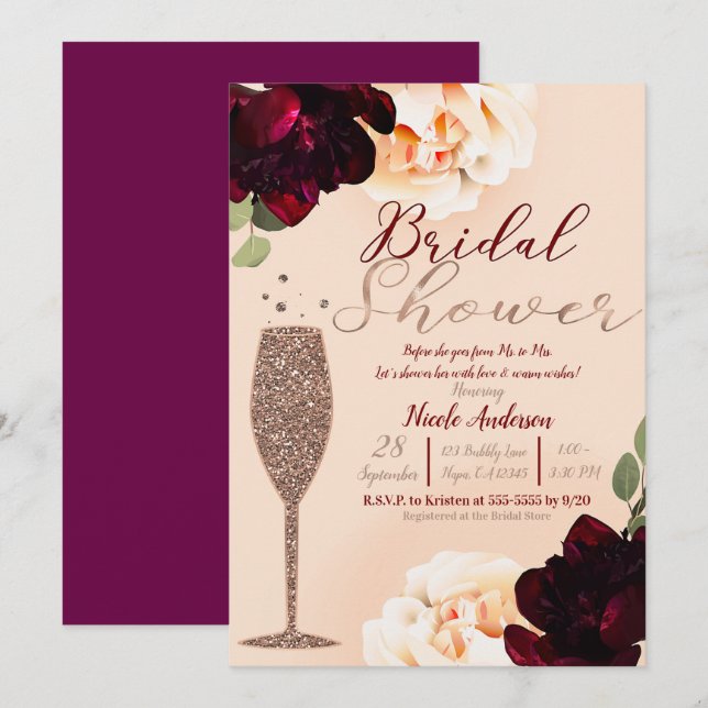 Champagner Rose Gold Peach Floral Brautparty Einladung (Vorne/Hinten)