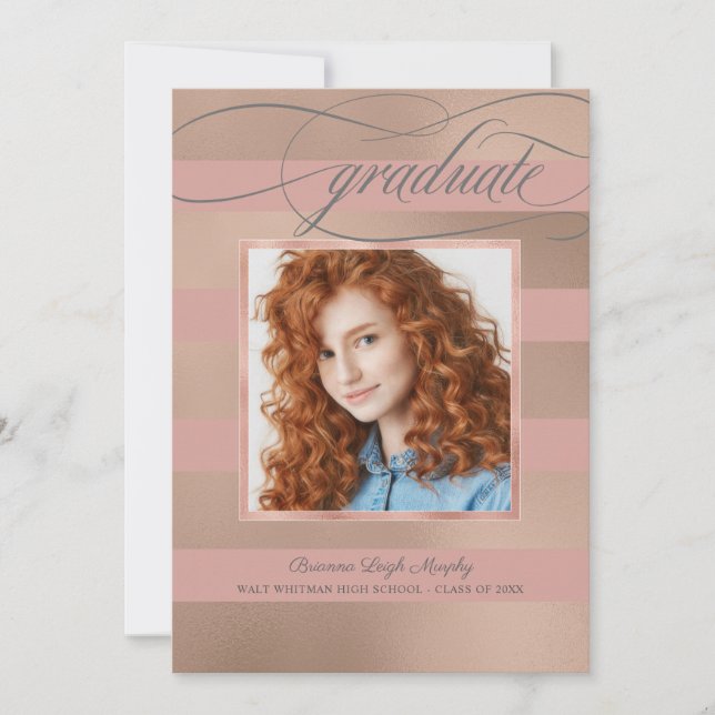 Champagner Rose Gold Streifen mit Foto Graduate Ankündigung (Vorderseite)