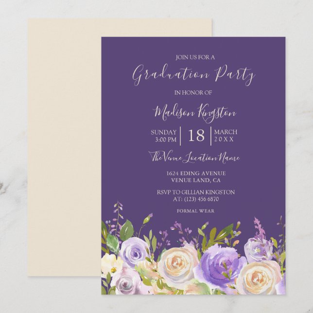 Champagner Rose Lila Blumen Graduation Party Einladung (Vorne/Hinten)