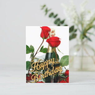 Champagner & Rote Rosen Geburtstagspostkarte Postkarte
