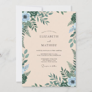 Champagner-Teal-Laub-Eukalyptus-Hochzeit Einladung