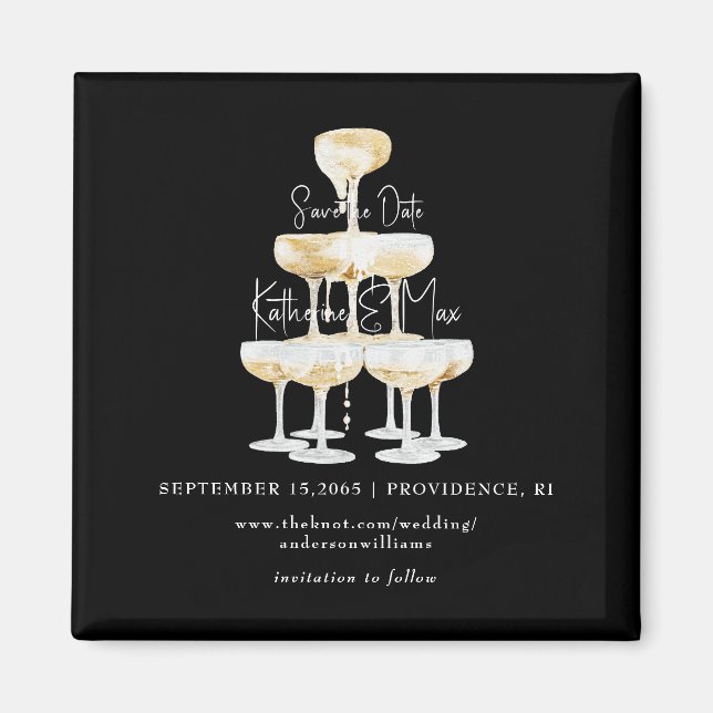 Champagner Tower Black Wedding Save the Date Magnet (Vorne)