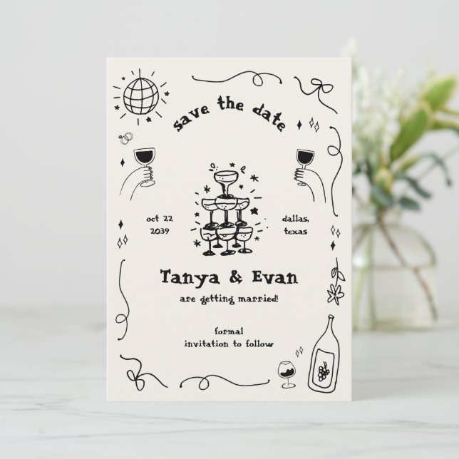 Champagner Tower Hand Drawn Fun Disco Hochzeit Save The Date (Stehend Vorderseite)