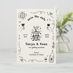 Champagner Tower Hand Drawn Fun Disco Hochzeit Save The Date