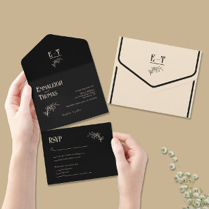 Champagner und Black Simple Modern Wedding All In One Einladung