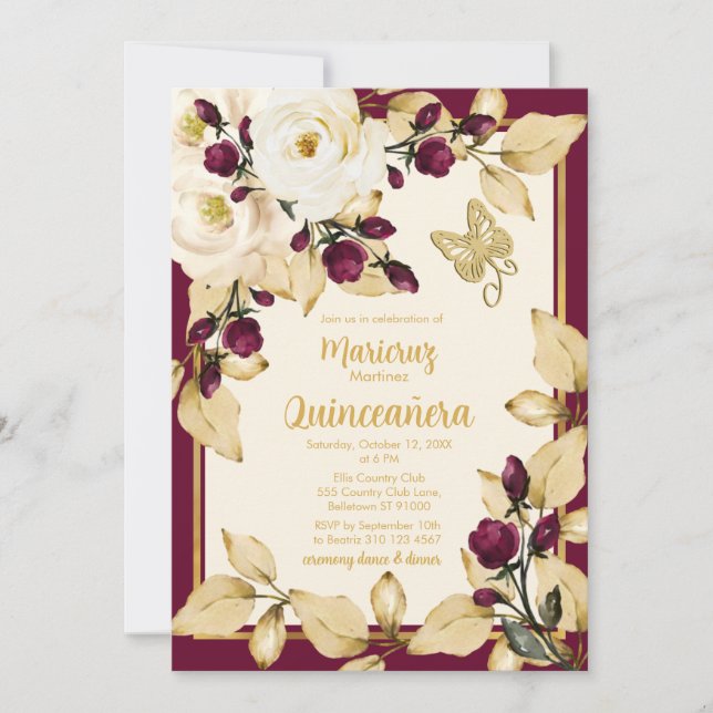 Champagner und Burgund Rose Gold Blätter Schmetter Einladung (Vorderseite)