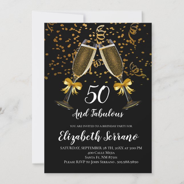 Champagner und Confetti Black Gold 50. Geburtstag Einladung (Vorderseite)