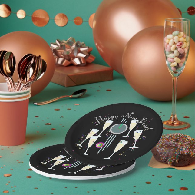 Champagner und Countdown-Uhr Silvester Pappteller (Multi)