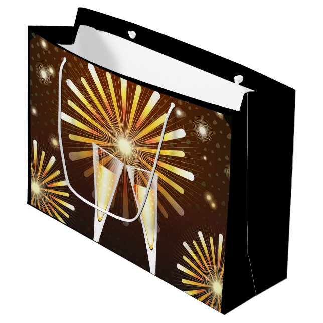 Champagner- und Feuerwerk-Feier Große Geschenktüte (Vorderseite Schrägansicht)