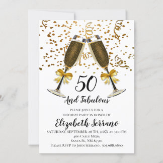 Champagner und Gold Confetti Weißer 50. Geburtstag Einladung