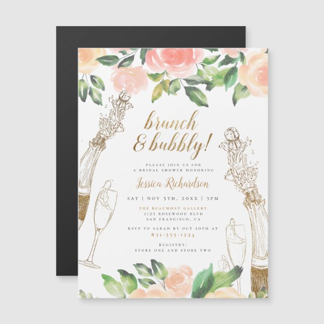 Champagner und Rose | Brunch & Bubbly Brautparty Magneteinladung (Vorne/Hinten)